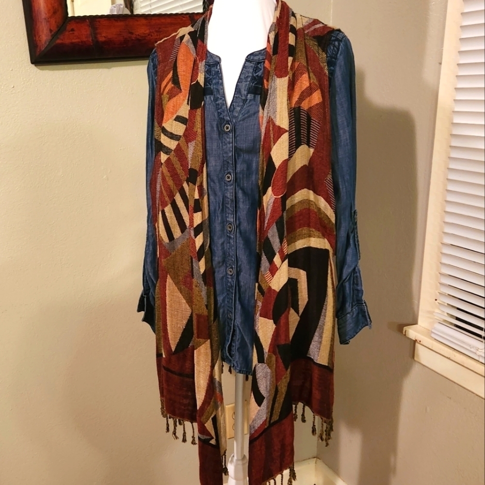 OS handcrafted shawl vest boho ultra soft woven fringe asymmetric drape‎